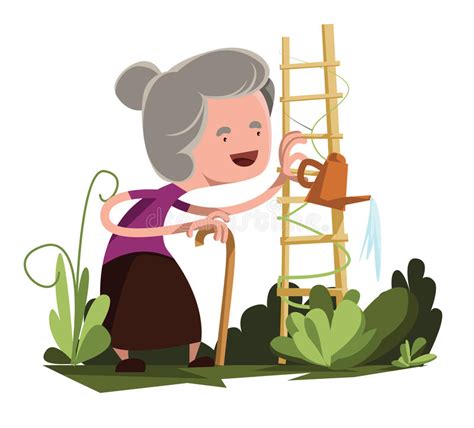 Old Granny Watering Garden Illustration Cartoon Character