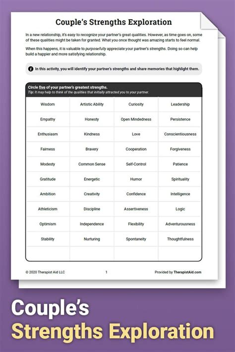 The worksheets are offered in developmentally appropriate versions for kids of different ages. Couple's Strengths Exploration (Worksheet) | Therapist Aid ...