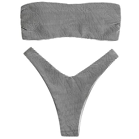 Zaful Bikini Sexy Strapless Women Swimsuit Striped Thong Bikini Bottoms Set Padded Swimwear