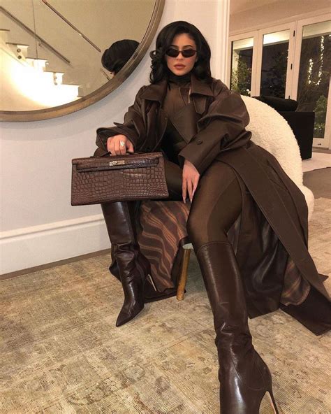Kylie Jenner Dark Brown Leather Boots Street Style Autumn Winter 2019