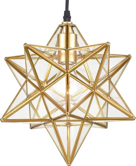 Modern Moravian Star Gold Finish Pendant Light Clear Glass Hanging