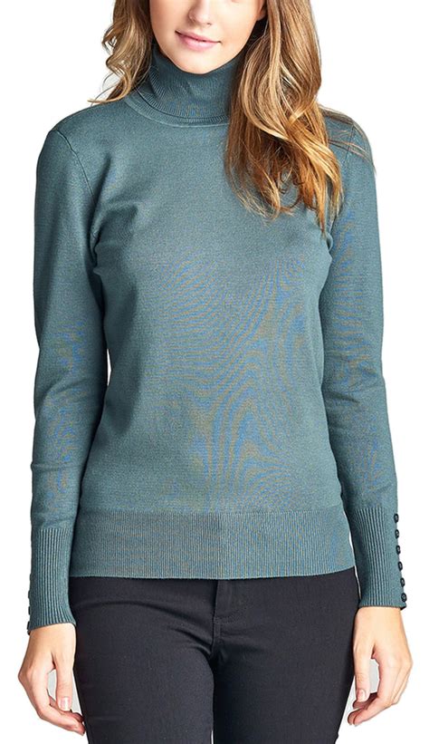Kogmo Womens Solid Long Sleeve Turtleneck Sweater With Sleeve Button