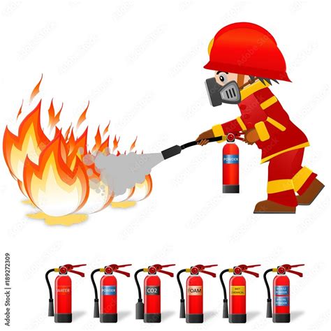 Extinguish Fire Fireman Hold In Hand Fire Extinguisher Isolated On Background Protection From