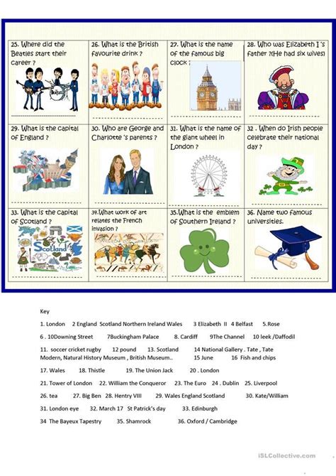 British Isles 36 Question Quiz With Key English Esl Worksheets For
