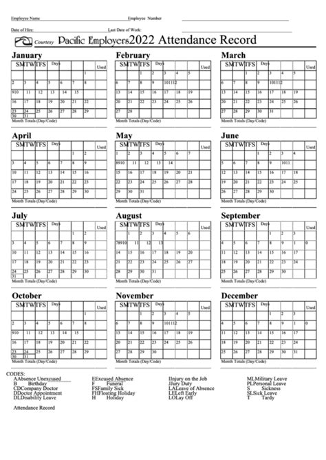 Free Printable 2022 Employee Attendance Calendar Pdf Printable Word