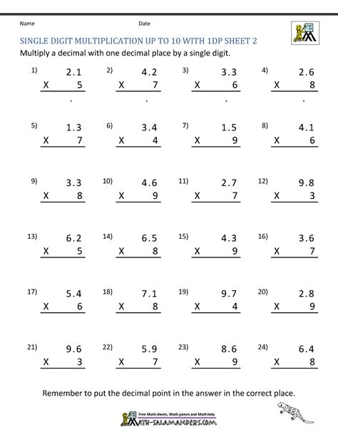 Decimal Multiplication By Single Digit Numbers Worksheets