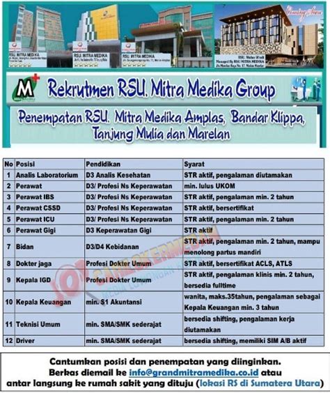 Dapatkan info lowongan baru untuk pencarian ini. Informasi Lowongan Kerja Di RSU Mitra Medika Medan Januari ...