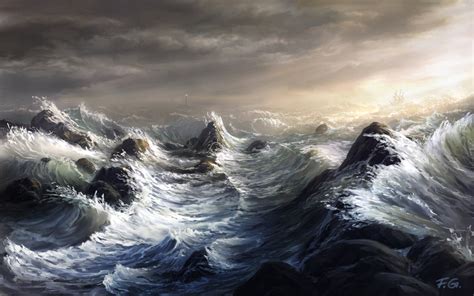 Art Ship Storm Fel X Sailboat Waves Lighthouse Sea