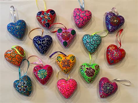 Large Paper Mache Heart Ornaments One Of A Kind Set Of Three Hearts