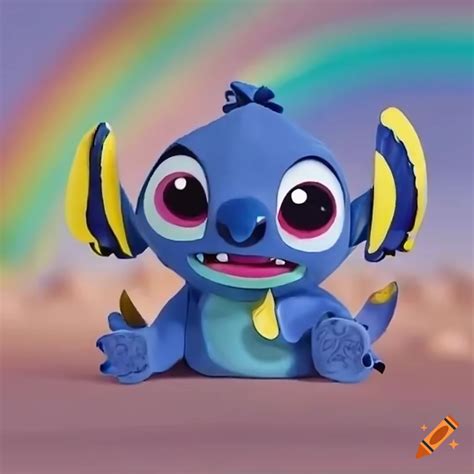Kawaii Baby Dory And Stitch Playing In The Ocean With A Rainbow In The