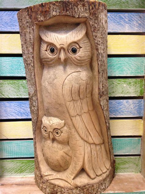 Hand Carved Log Mother And Baby Owl Each Carving Is Unique And May