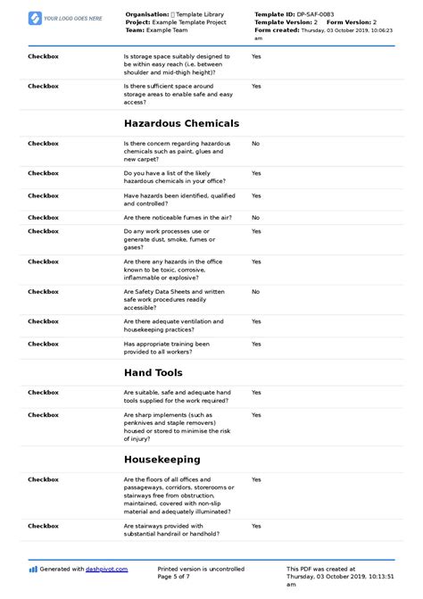 Whs Workplace Inspection Checklist Free Editable Template
