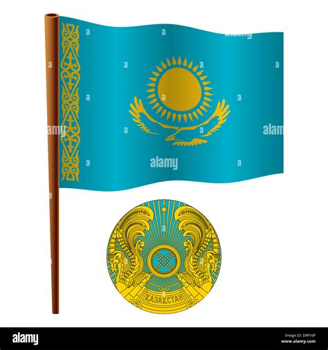 Kazakhstan Wavy Flag And Coat Of Arms Against White Background Vector