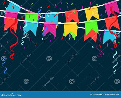 Colorful Party Flags With Confetti And Ribbons Falling Celebrate