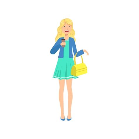 Premium Vector Happy Pretty Blond Girl In Blue Dress Sipping Coffee