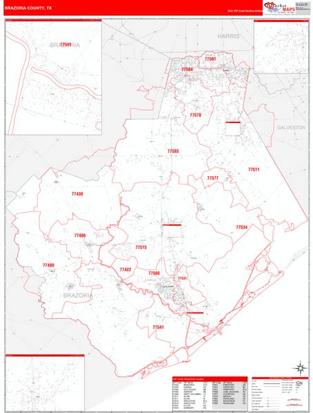 Brazoria County Tx Zip Code Wall Map Red Line Style By Marketmaps