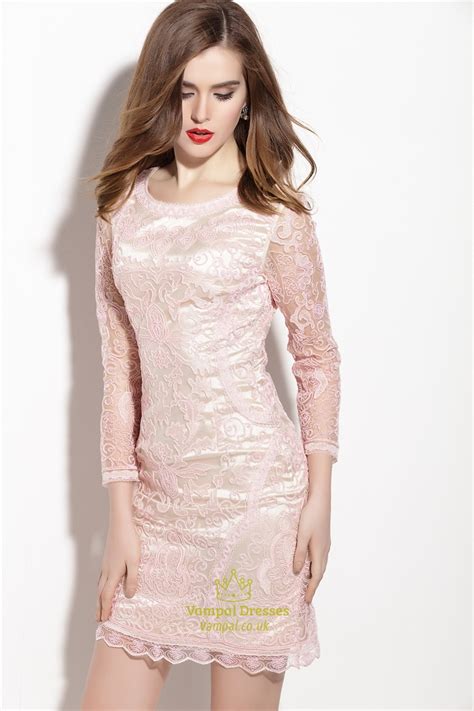 Light Pink Embellished 34 Length Sleeve Sheath Dress Vampal Dresses