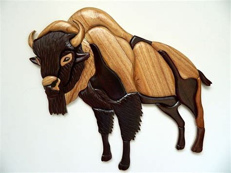 Bison Buffalo Standing Intarsia Wood Wall Art Home Decor Plaque Western