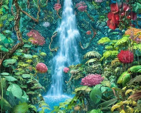 A Painting Of A Jungle Waterfall In A Flower Garden A Stable