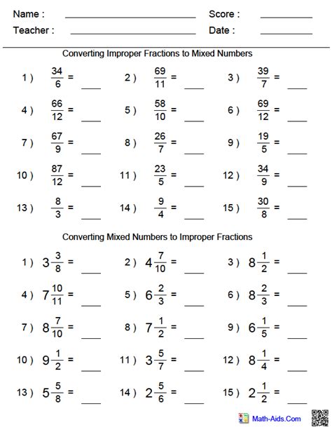 Converting Improper Fractions To Mixed Numbers Worksheet Grade 6