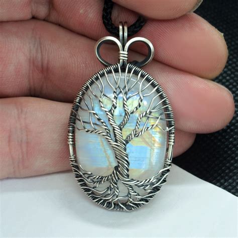 Rainbow Moonstone Tree of Life Pendant - Sterling Silver - Wire Wrap - Handmade Jewelry by Tim ...