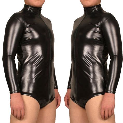 Xs Xl Sexy Men Leather Bodysuits Spandex Zentai Jumpsuit Clubwear