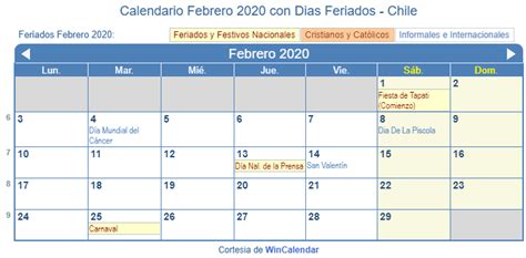 Calendario Febrero 2020 Para Imprimir Chile