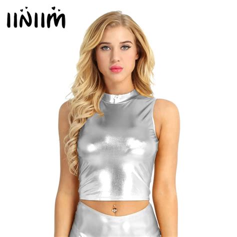 Buy Iiniim Womens Fashion Wetlook Faux Leather Mock Neck Turtleneck Crop Tank