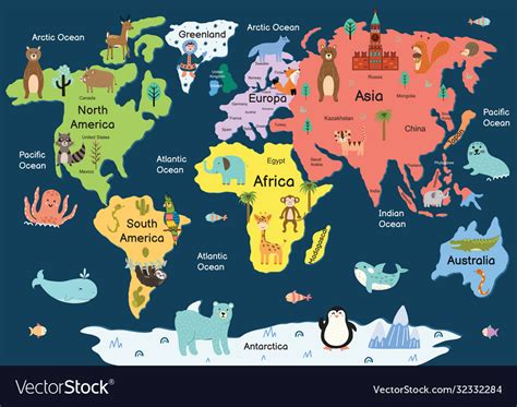 Map World With Cute Animals Colorful Royalty Free Vector