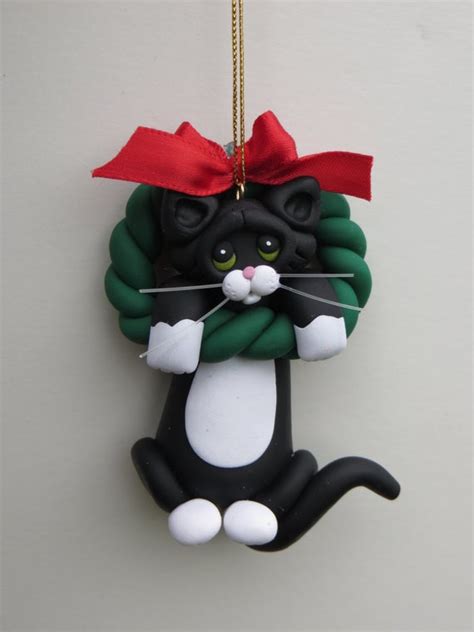 Fuzzy black and white tabby cat christmas ornament, 3 3/8 x 4 3/4 inches. Black Tuxedo Cat Christmas Ornament Polymer Clay Cute