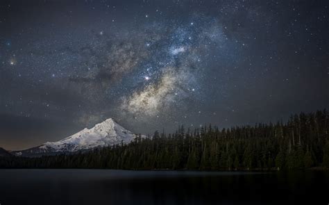 Nature Landscape Snowy Peak Forest Lake Starry Night Milky Way