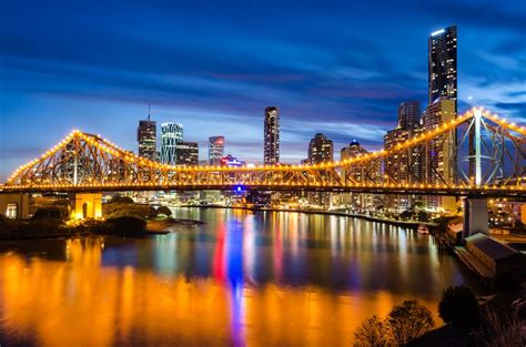 Brisbane And The Story Bridge In Blue Hour Queensland Australia