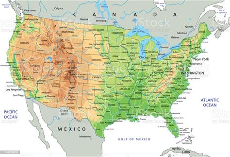 High Detailed United States Of America Physical Map With Labeling Stock