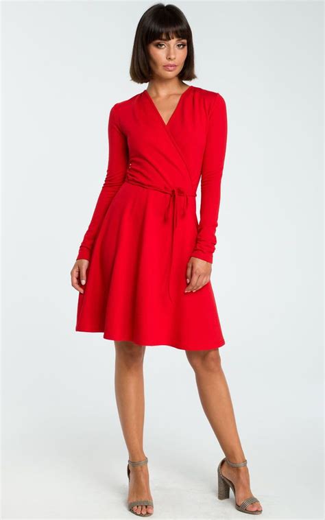 Red Long Sleeve Knee Length Wrap Dress MOE SilkFred Dresses