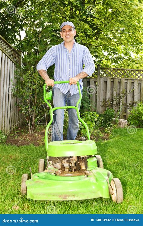 Man Mowing Lawn Stock Photo Image Of Grass Caring Lawnmower 14813932