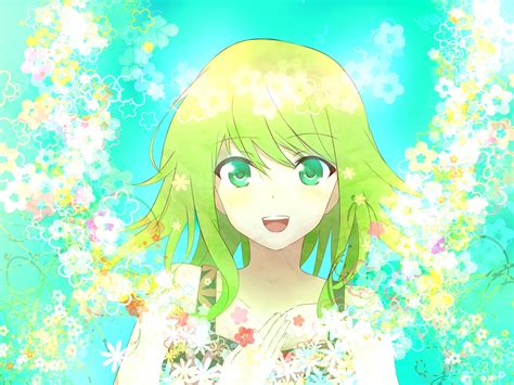 Vocaloid Flowers Green Eyes Short Hair Green Hair Open Mouth Megpoid Gumi Anime Girls 2560x1920