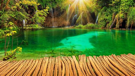Croatia Parks Lake Waterfall Plitvice Rays Of Light Nature Garden