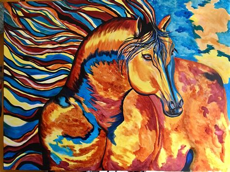 Colorful Horse Painting Sapphire 3x4 Blue Horse Yellow Horse