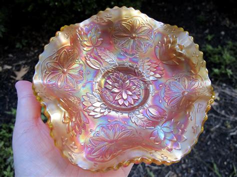 Antique Fenton Reverse Amberina Opal Waterlily Carnival Glass Bowl Carnival Glass