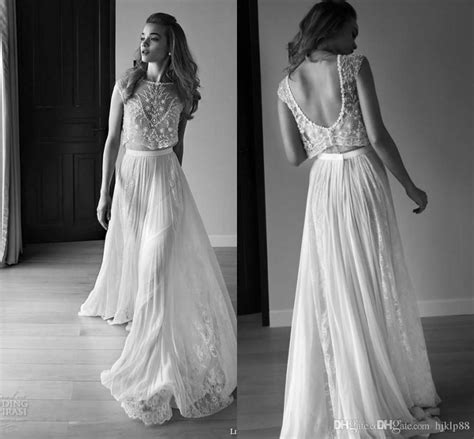 Lihi Hod 2015 Summer Lace Two Pieces Beach Wedding Dresses High Neck Backless Beaded Bohemian