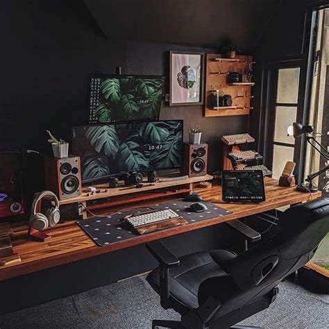 Dark Wood Home Office Desk Setup
