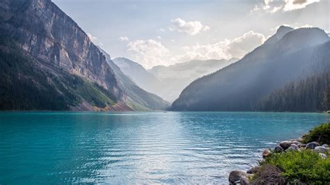 Lake Louise 1080p Forest Mountains Sky Water Lake Canada Hd