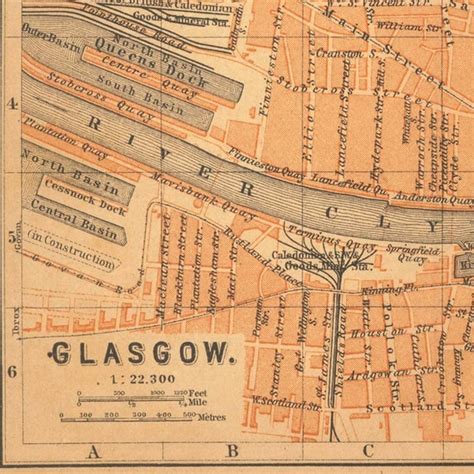 1897 Antique City Map Of Glasgow Street Plan Scotland