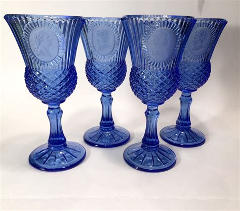 Set Of Six Vintage Colbalt Blue George And Martha Washington Goblets Kitchen And Dining Home