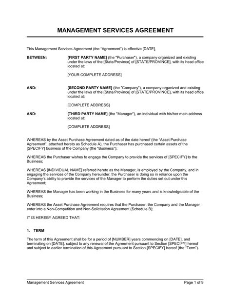 Management Services Agreement Template Free Printable Templates