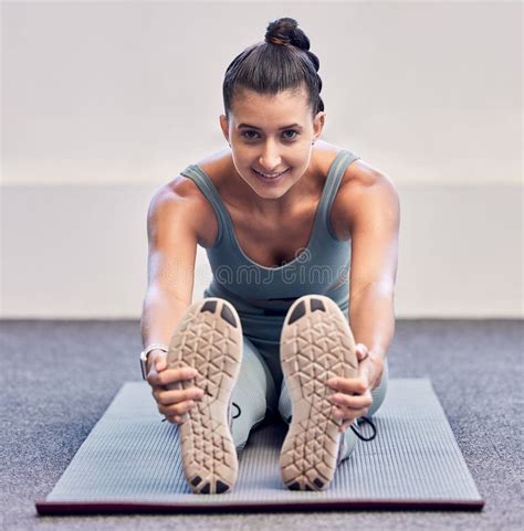 Yoga Fitness And Portrait Of Woman Stretching On Mat Before Workout