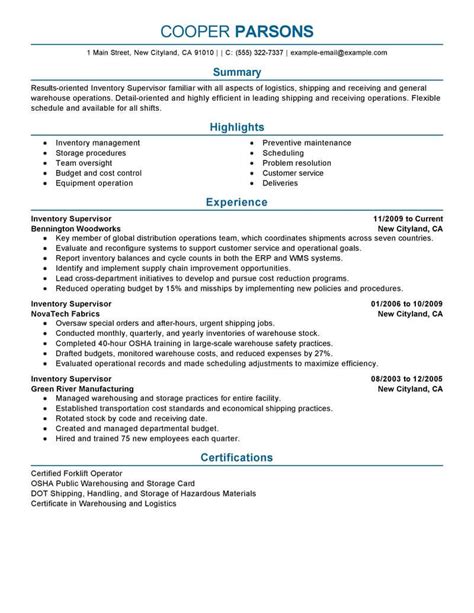 Professional Inventory Supervisor Resume Examples