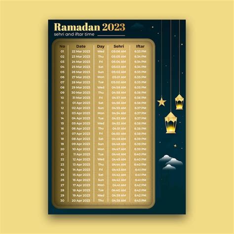 Premium Vector Ramadan 2023 Iftar And Sehri Schedule Calendar Design