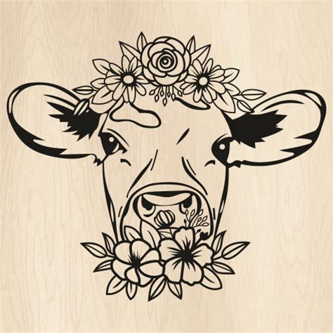 Cow With Flowers Head SVG Cow With Crown PNG Cow Head With Flower Crown Vector File PNG