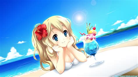 Beach Bikini Blonde Hair Blue Eyes Breasts Cleavage Drink Flowers K On Kotobuki Tsumugi Sky